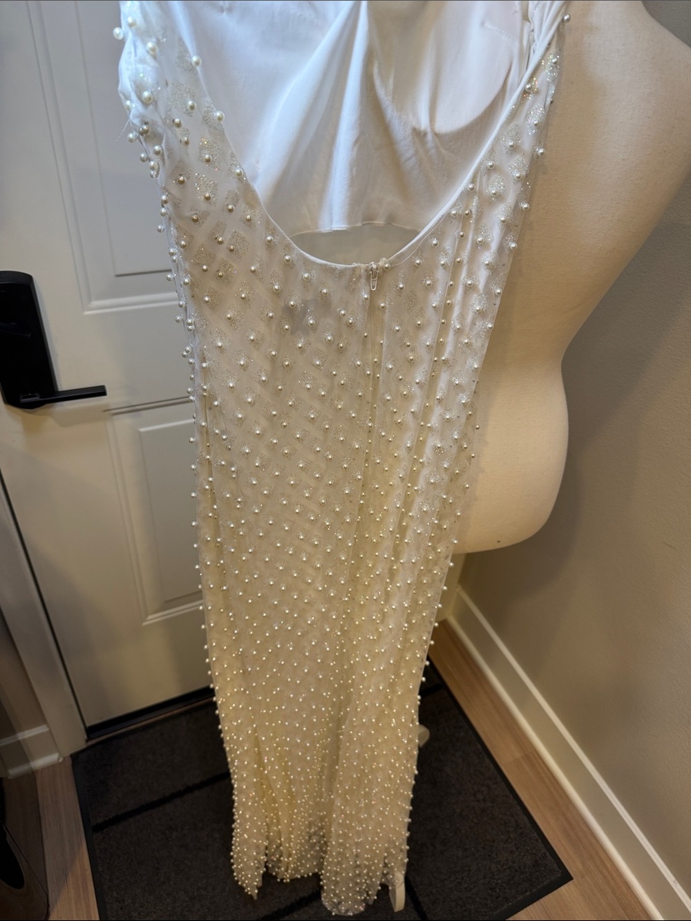 B Darlin White Pearl-Embellished Strapless-Look Spaghetti Strap Gown - Picture 8 of 9
